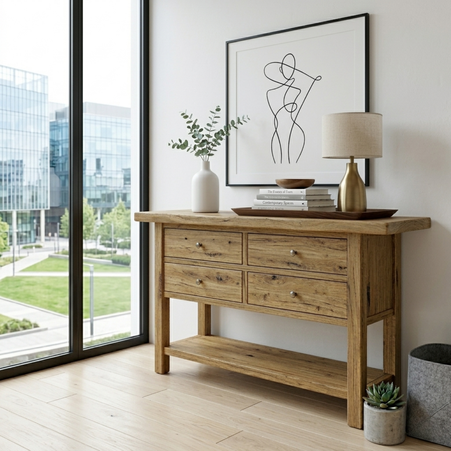 Solid Wood Console Table with 4 Drawers and Shelf – Rustic Entryway Storage Table