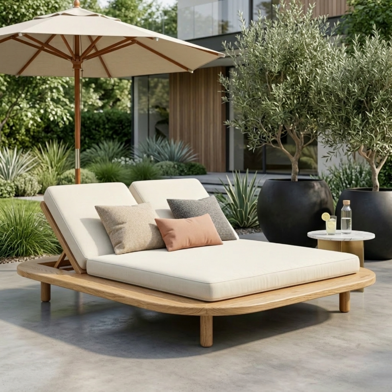 Luxury Solid Wood Double Outdoor Chaise Lounger Frame - Adjustable Resort Daybed