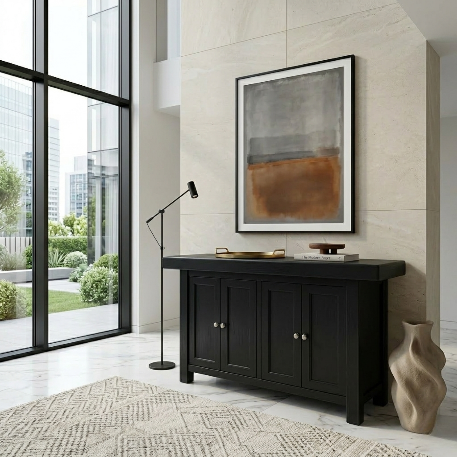 Solid Wood Console Table with Cabinet Doors – Modern Entryway Storage Sideboard