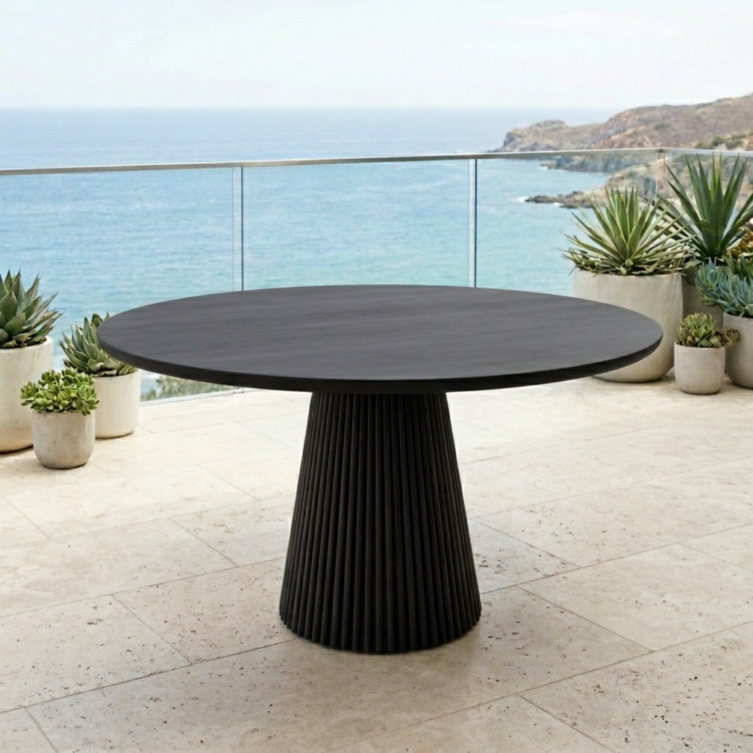 Round Solid Wood Outdoor Dining Table with Fluted Pedestal Base