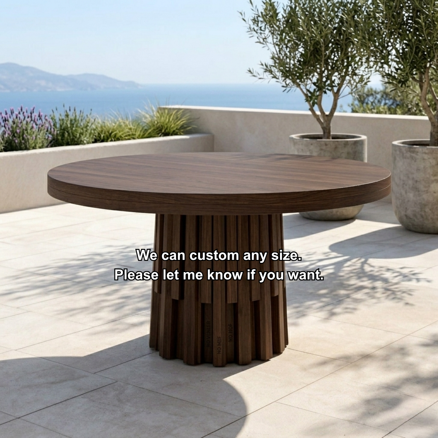 Round Solid Wood Outdoor Dining Table with Fluted Sculptural Pedestal Base