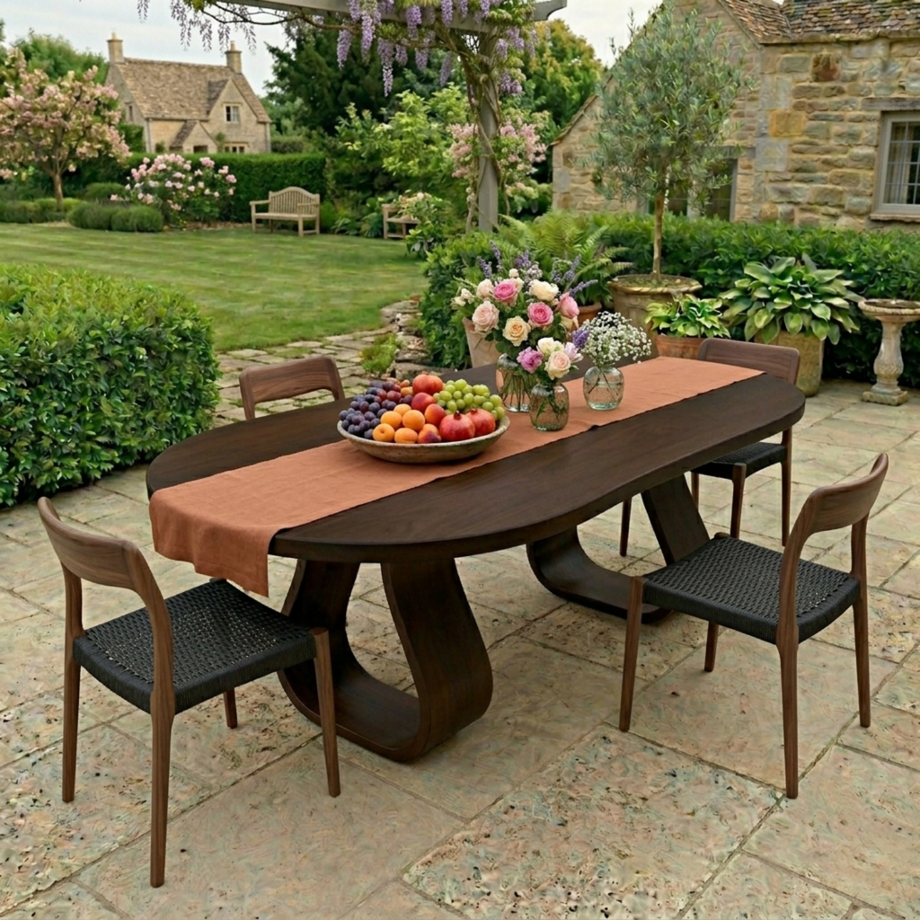 Solid Wood Outdoor Dining Table Oval Top with Sculptural Loop Base