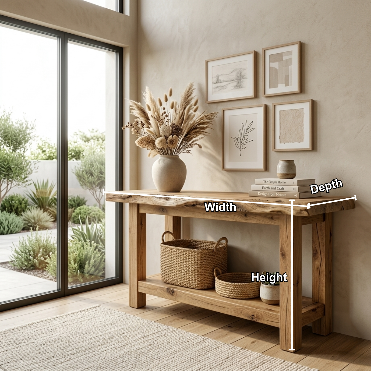 Live Edge Solid Wood Console Table with Shelf – Rustic Natural Entryway Table