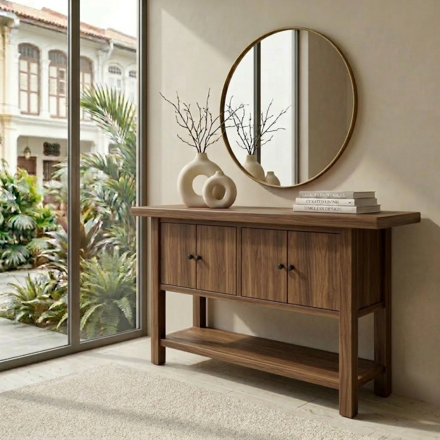 Solid Wood Console Table with Cabinet Doors and Shelf – Rustic Entryway Storage Table