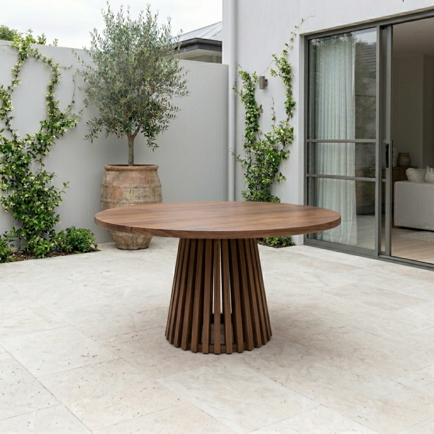 Round Solid Wood Outdoor Dining Table with Slatted Pedestal Base