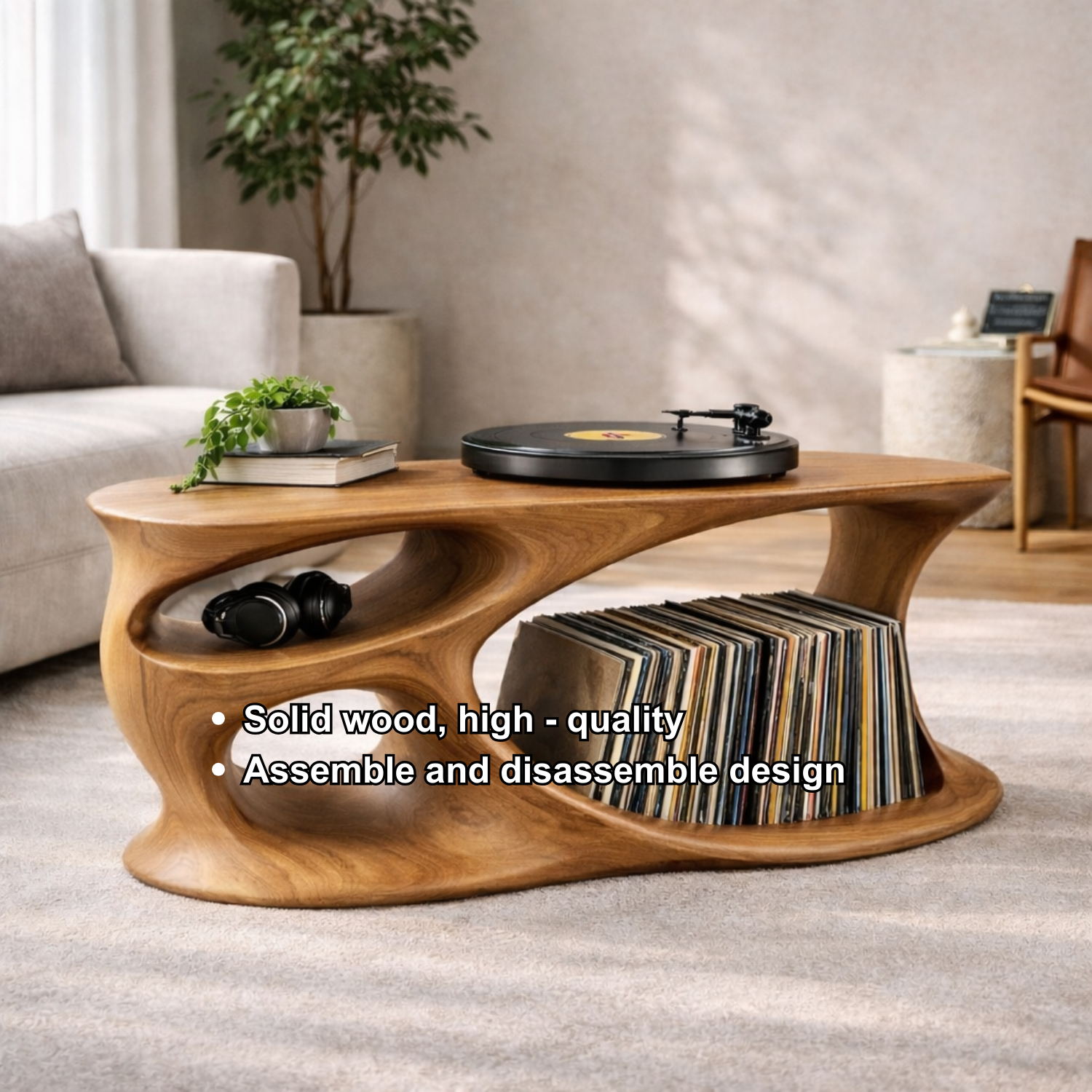 Solid Wood Record Player Stand with Organic Curved Base and Vinyl Record Storage