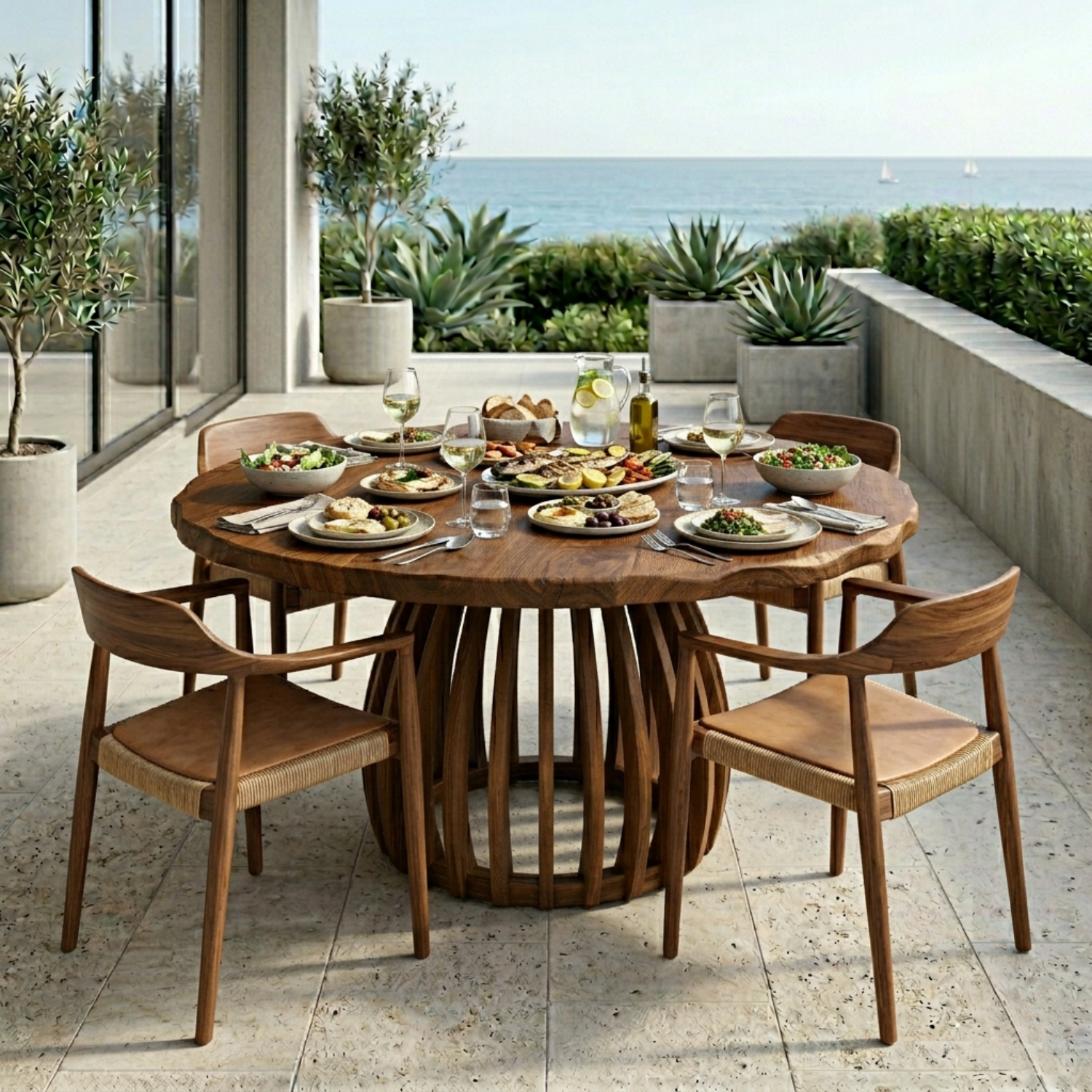 Round Live Edge Solid Wood Outdoor Dining Table with Sculptural Slatted Pedestal Base