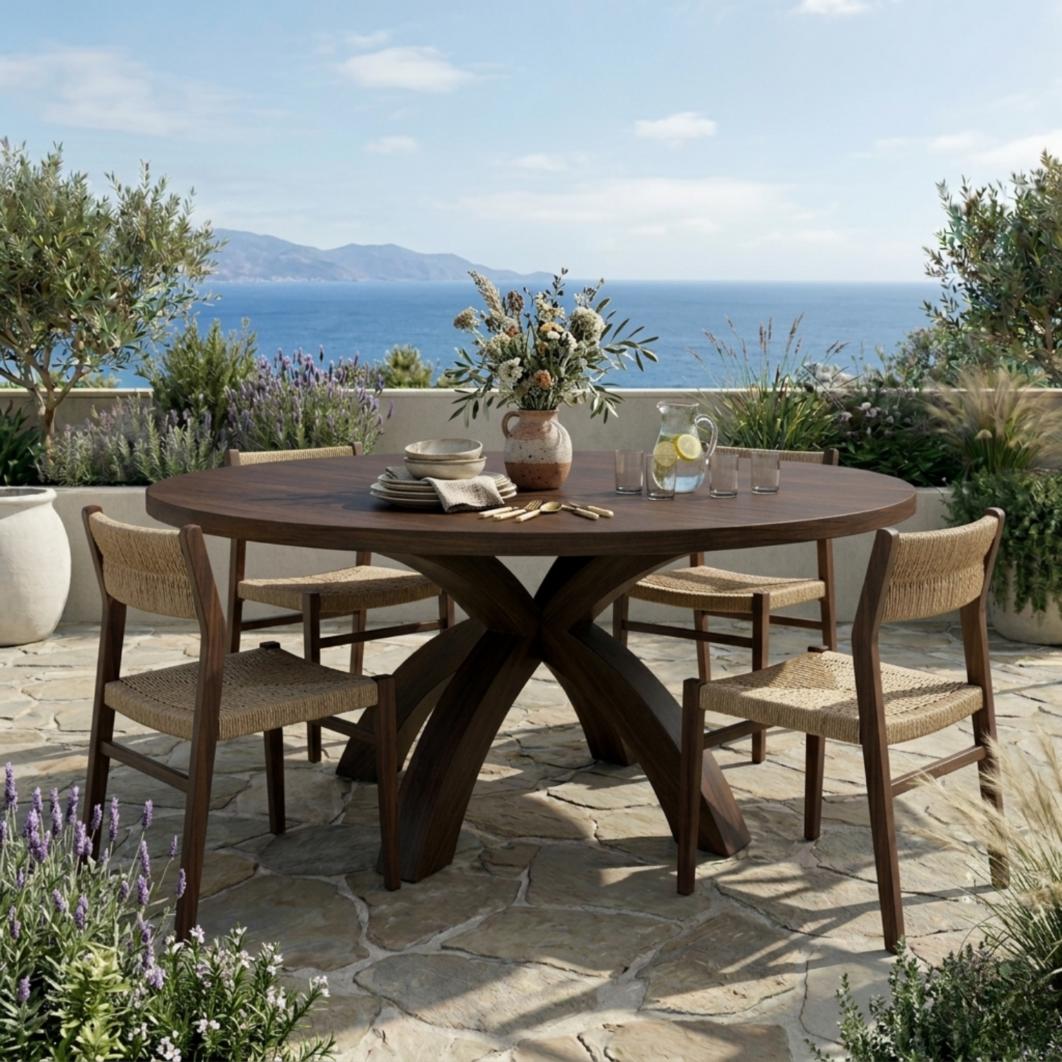 Round Solid Wood Outdoor Dining Table with Curved X Pedestal Base