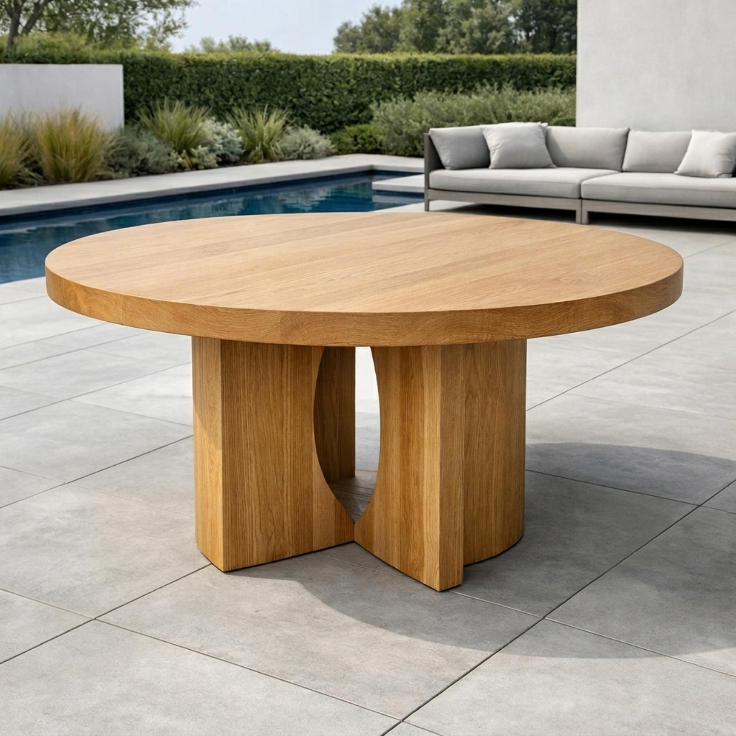 Round Solid Wood Outdoor Dining Table with Sculptural Dual Pedestal Base