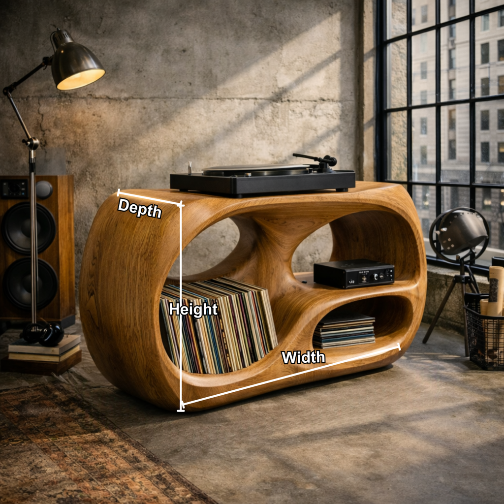 Organic Curve Solid Wood Record Player Stand with Built-In Vinyl Storage