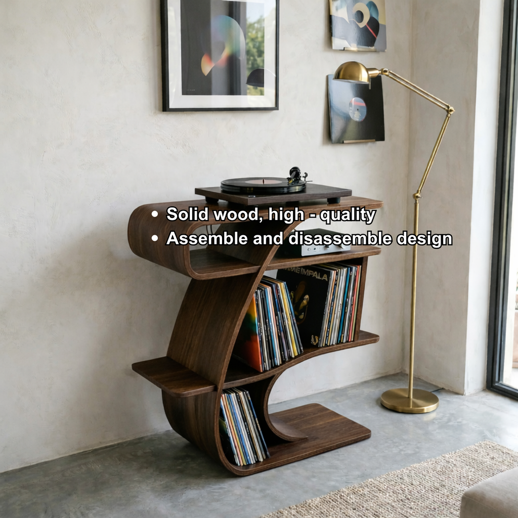 S-Curve Solid Wood Record Player Stand with Vinyl Storage Shelves