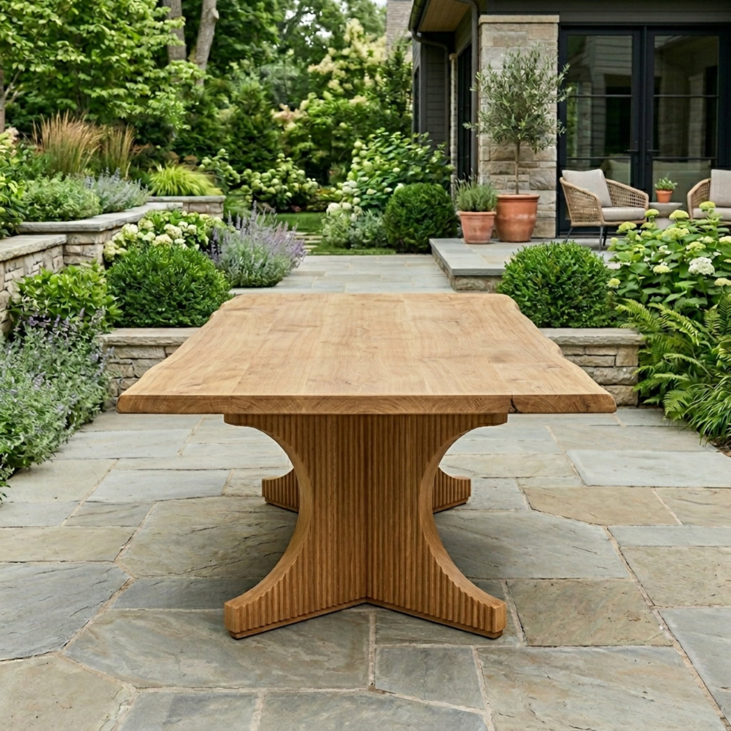 Solid Wood Outdoor Dining Table Square Top with Fluted Cross Pedestal Base