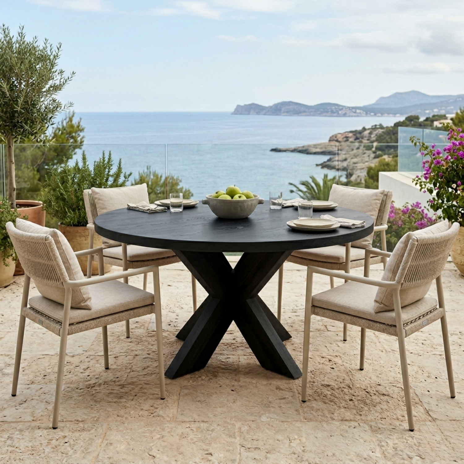 Round Solid Wood Outdoor Dining Table with Sculptural X Pedestal Base