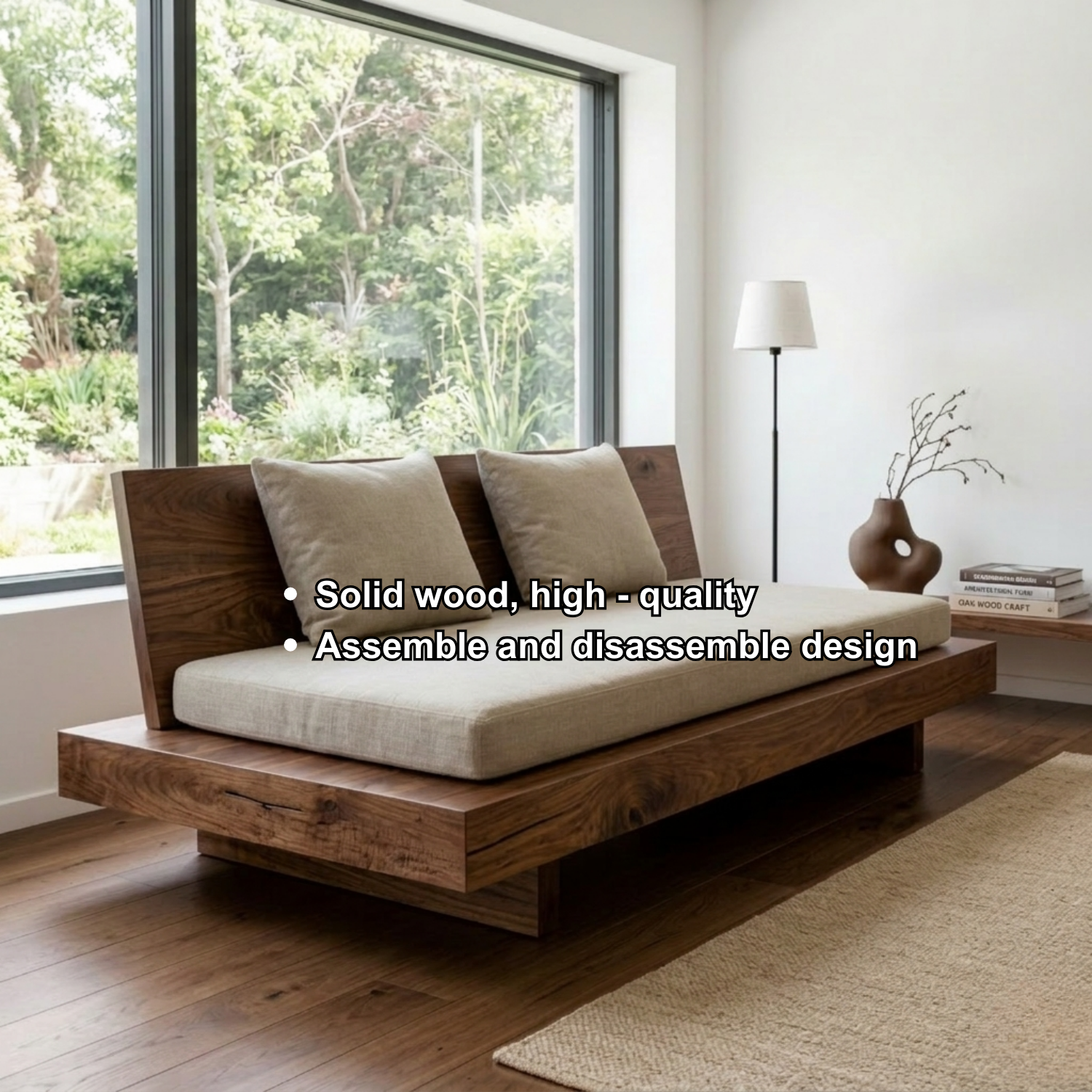Minimalist Solid Wood Daybed with Platform Base and Angled Backrest – Modern Lounge Sofa