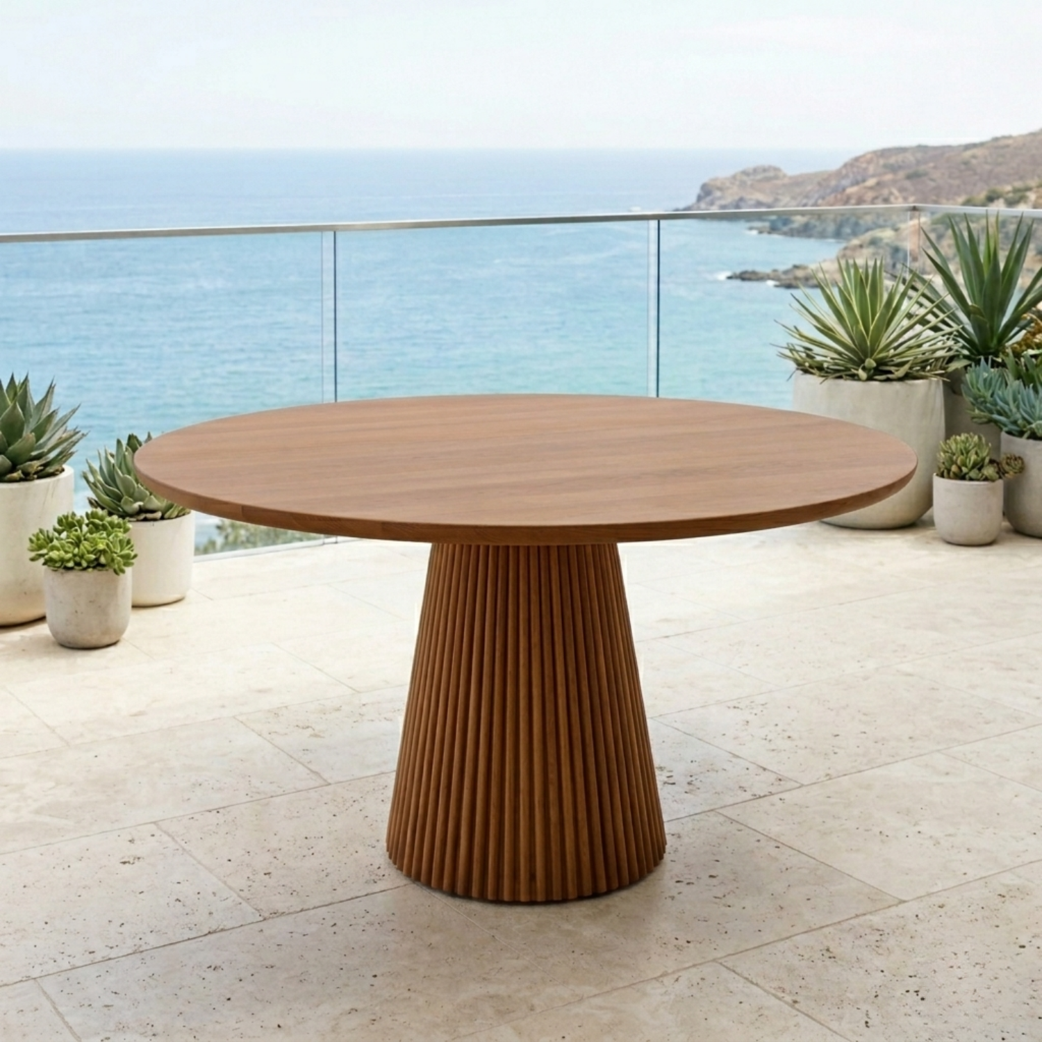 Round Solid Wood Outdoor Dining Table with Fluted Pedestal Base