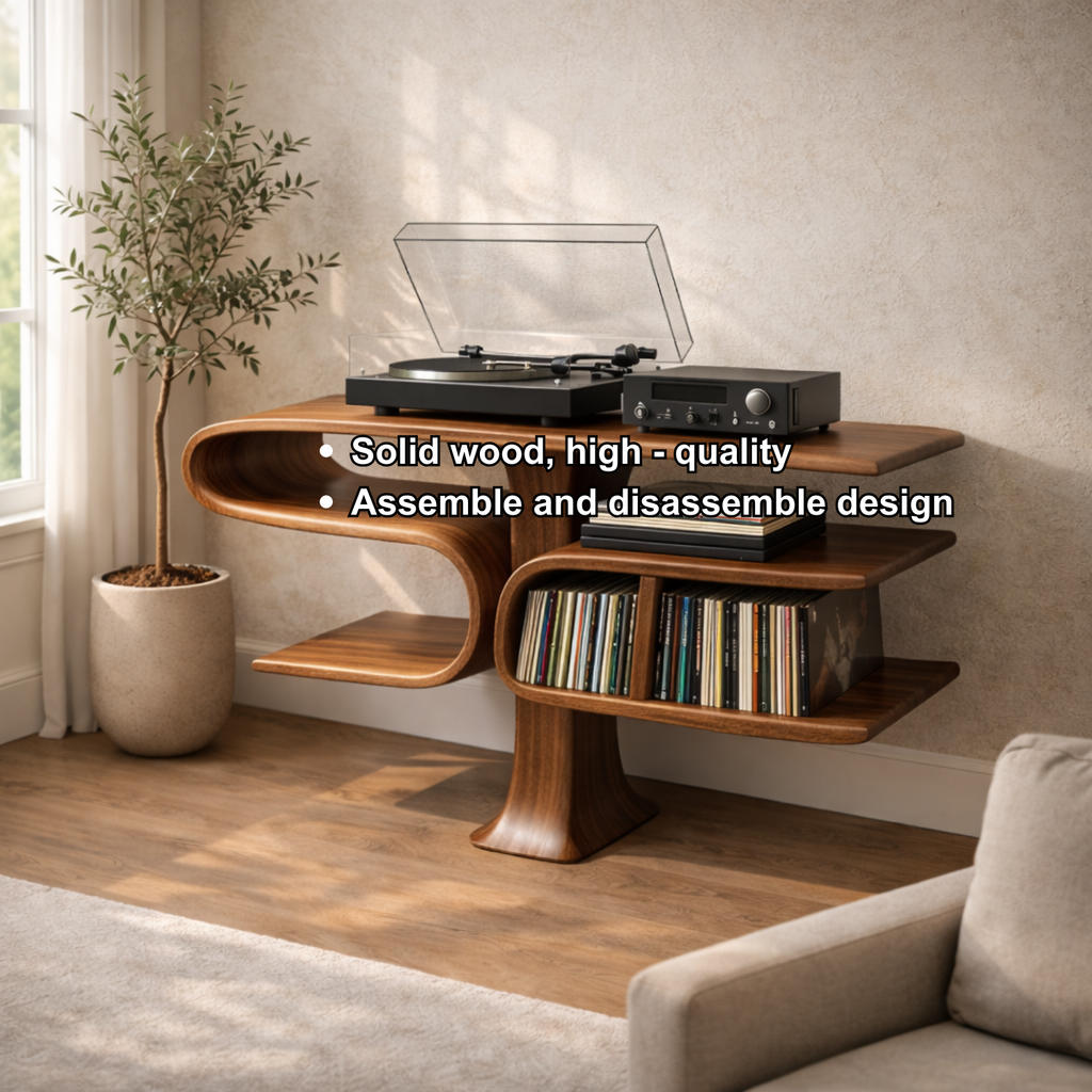 Cantilever Solid Wood Record Player Stand with Floating Vinyl Storage Shelves