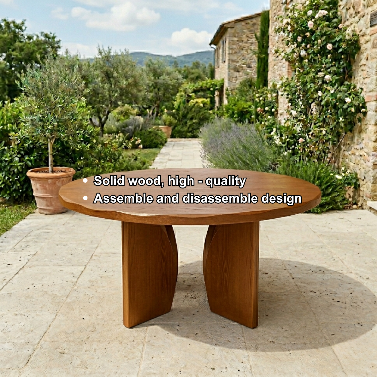 Round Solid Wood Outdoor Dining Table with Sculpted Twin Pedestal Base