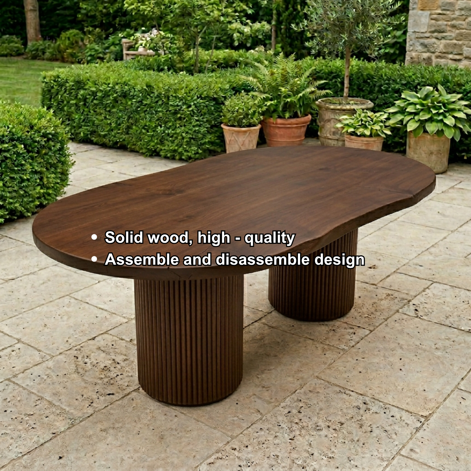Solid Wood Outdoor Dining Table Oval Sculptural Base Modern Patio Garden Table