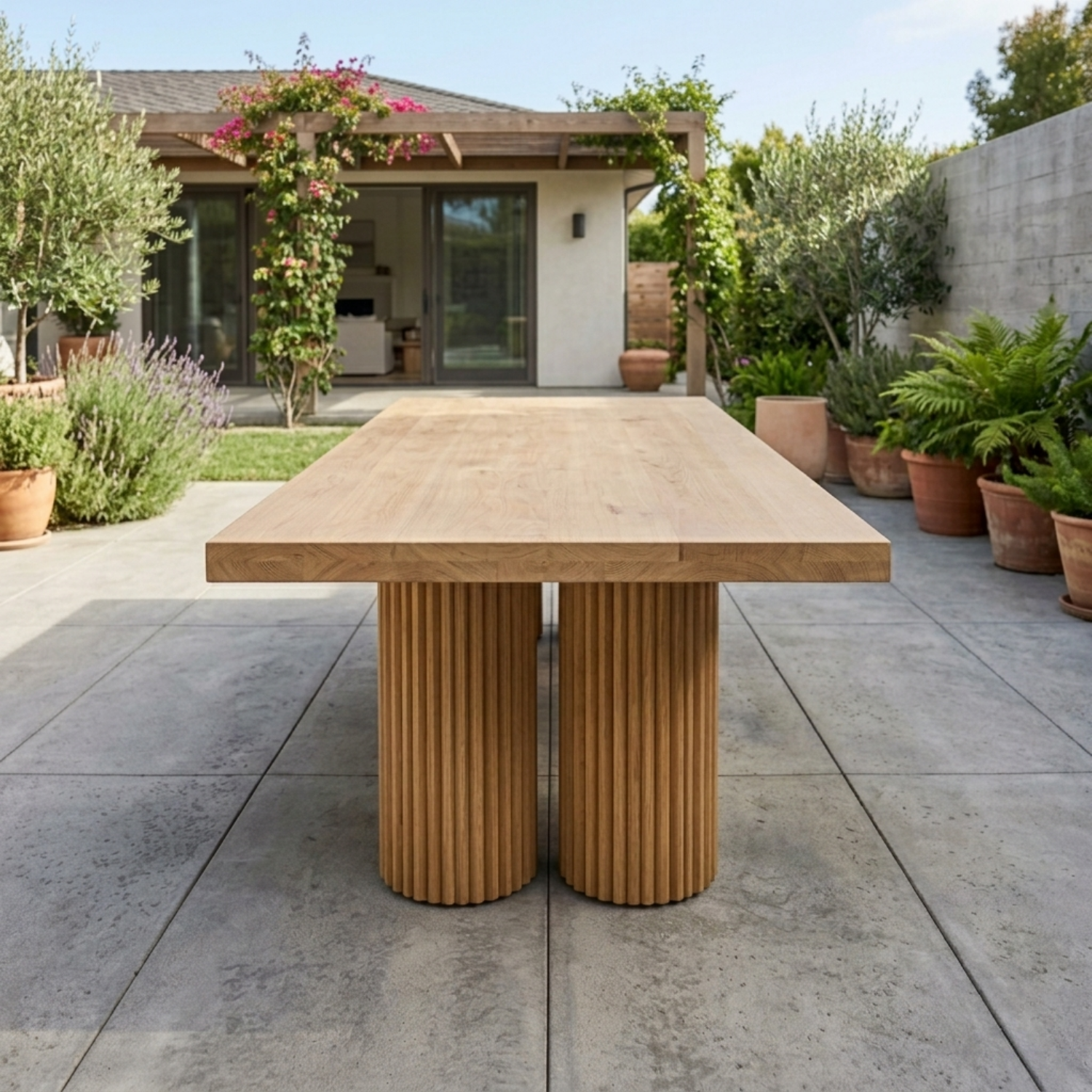 Rectangular Solid Wood Outdoor Dining Table with Double Fluted Pedestal Bases
