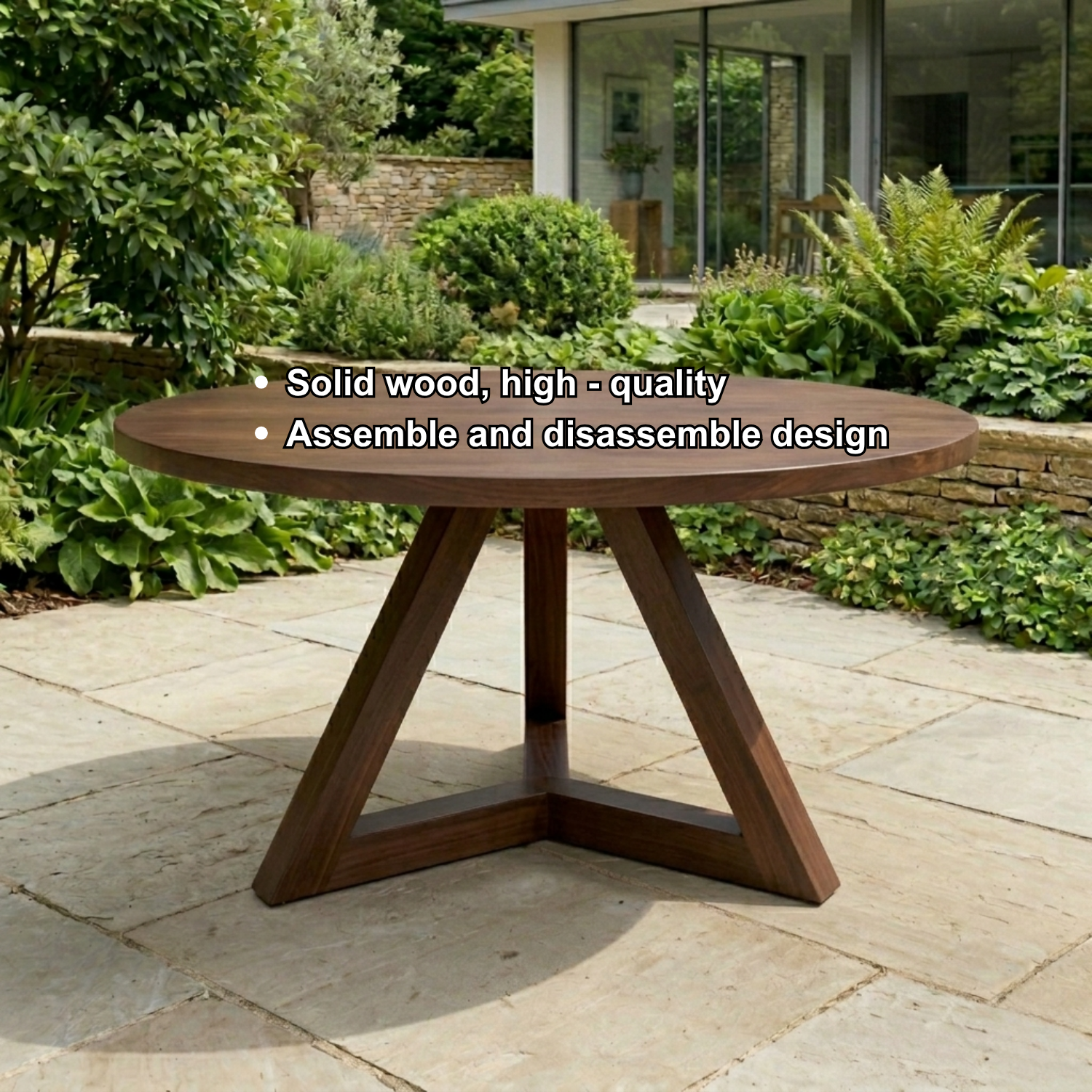 Round Solid Wood Outdoor Dining Table with Angular Cross Pedestal Base
