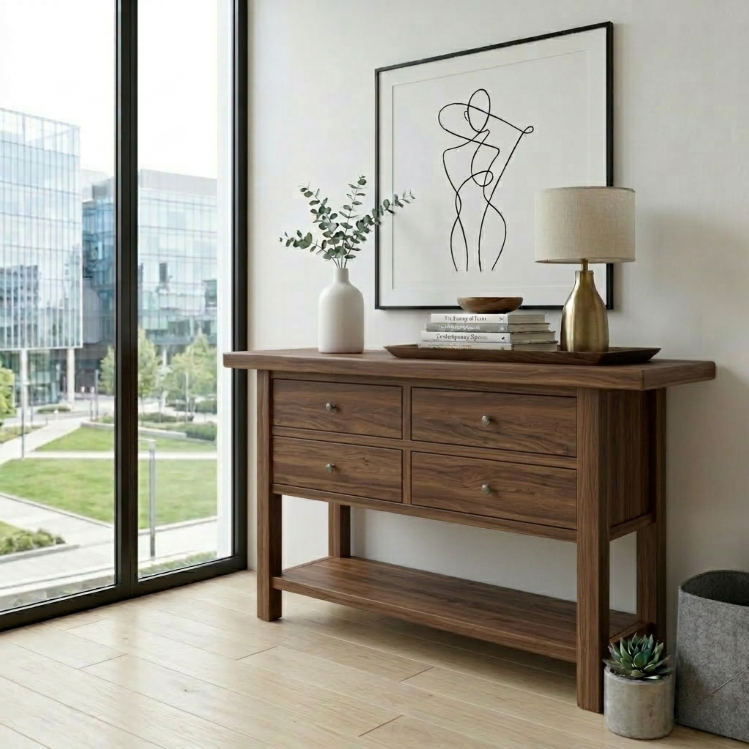 Solid Wood Console Table with 4 Drawers and Shelf – Rustic Entryway Storage Table