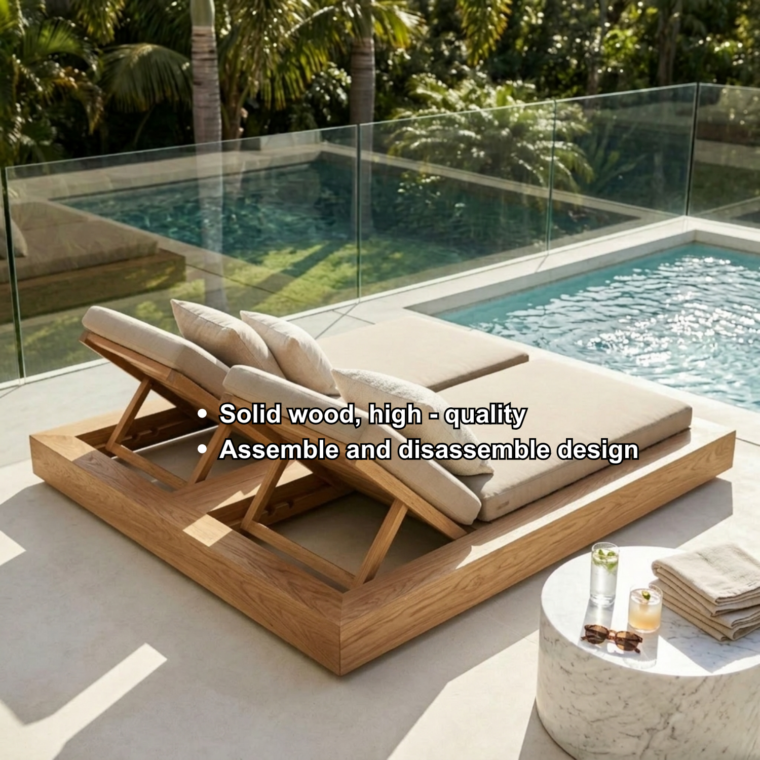 Solid Wood Double Chaise Lounge with Adjustable Backrest for Poolside Relaxation