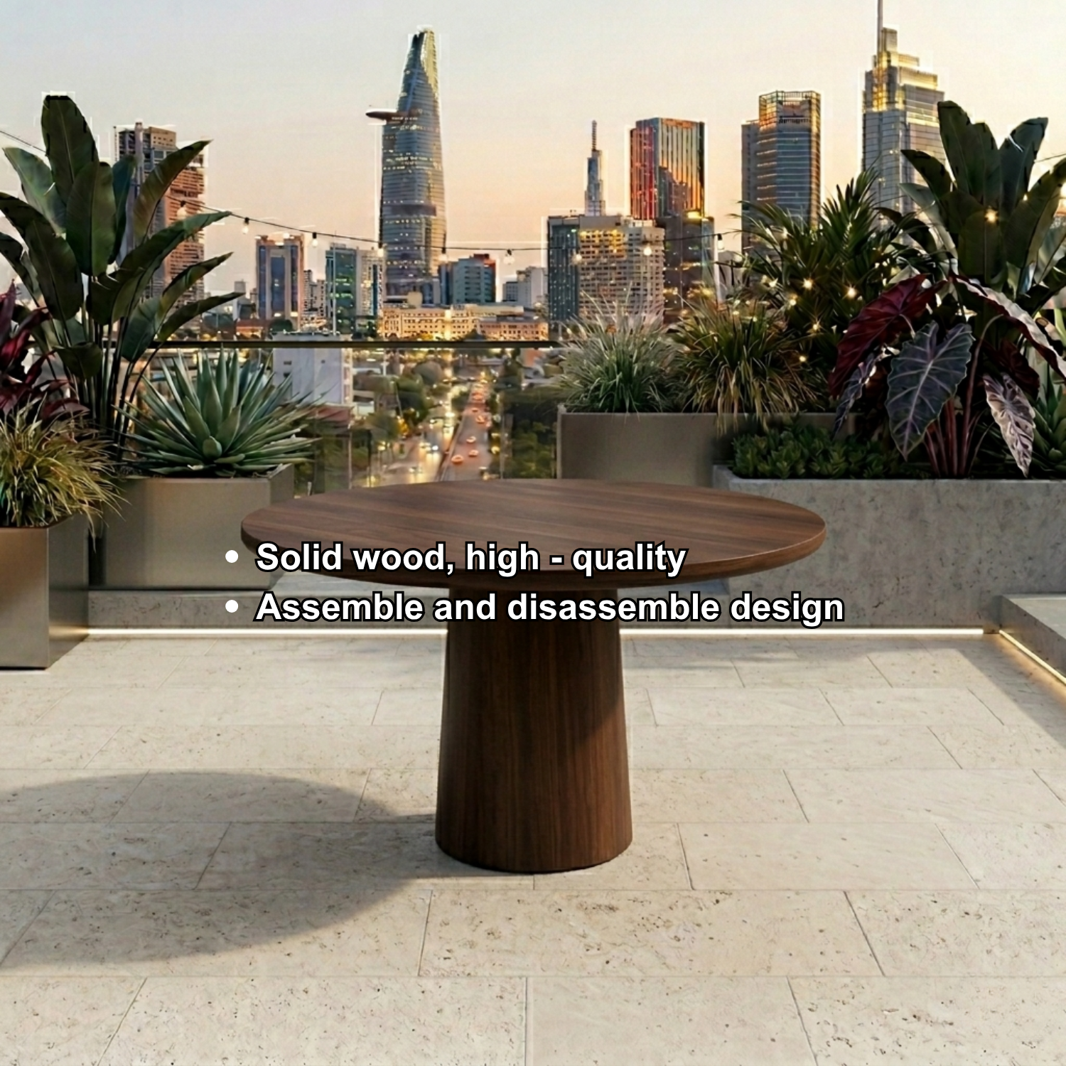 Round Solid Wood Outdoor Dining Table with Minimalist Cylinder Pedestal Base