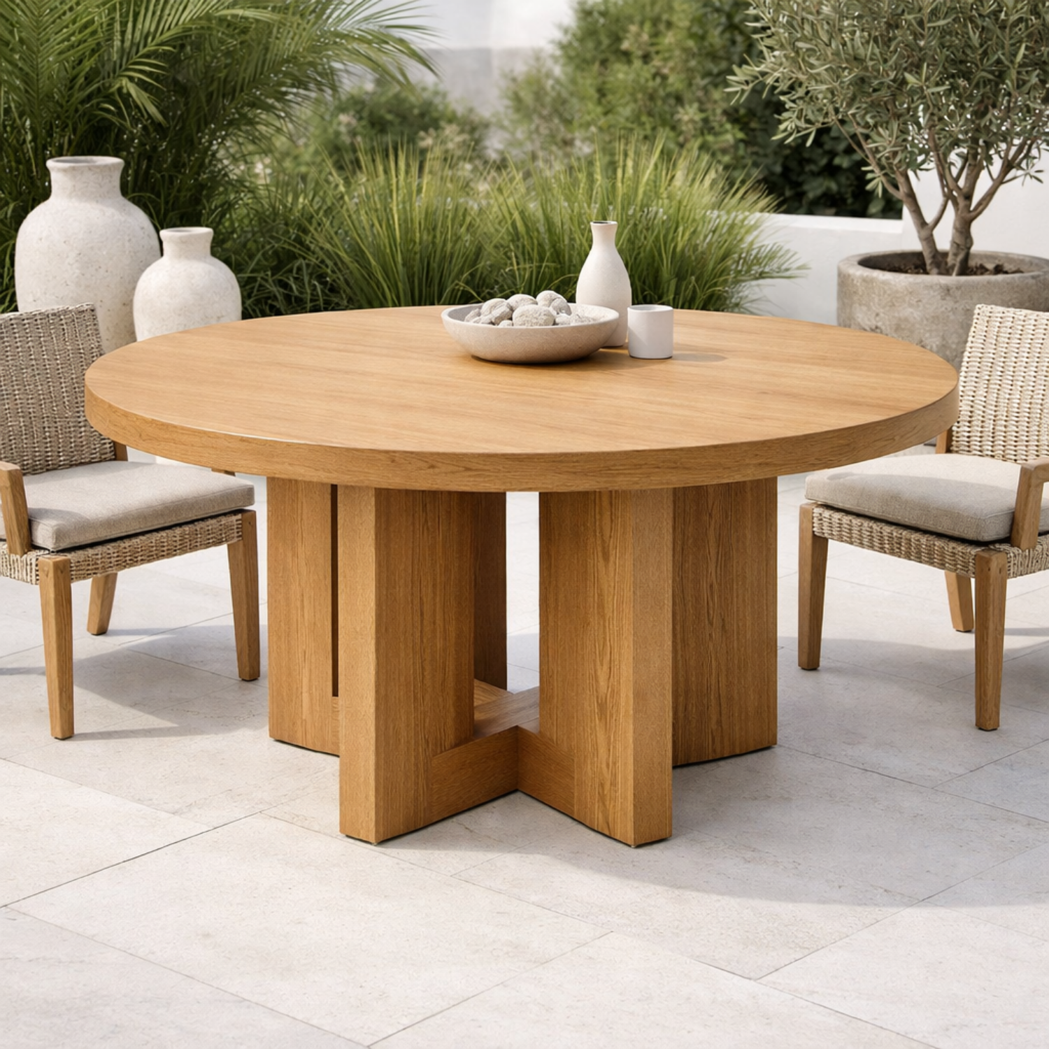 Round Solid Wood Outdoor Dining Table with Architectural Pedestal Base