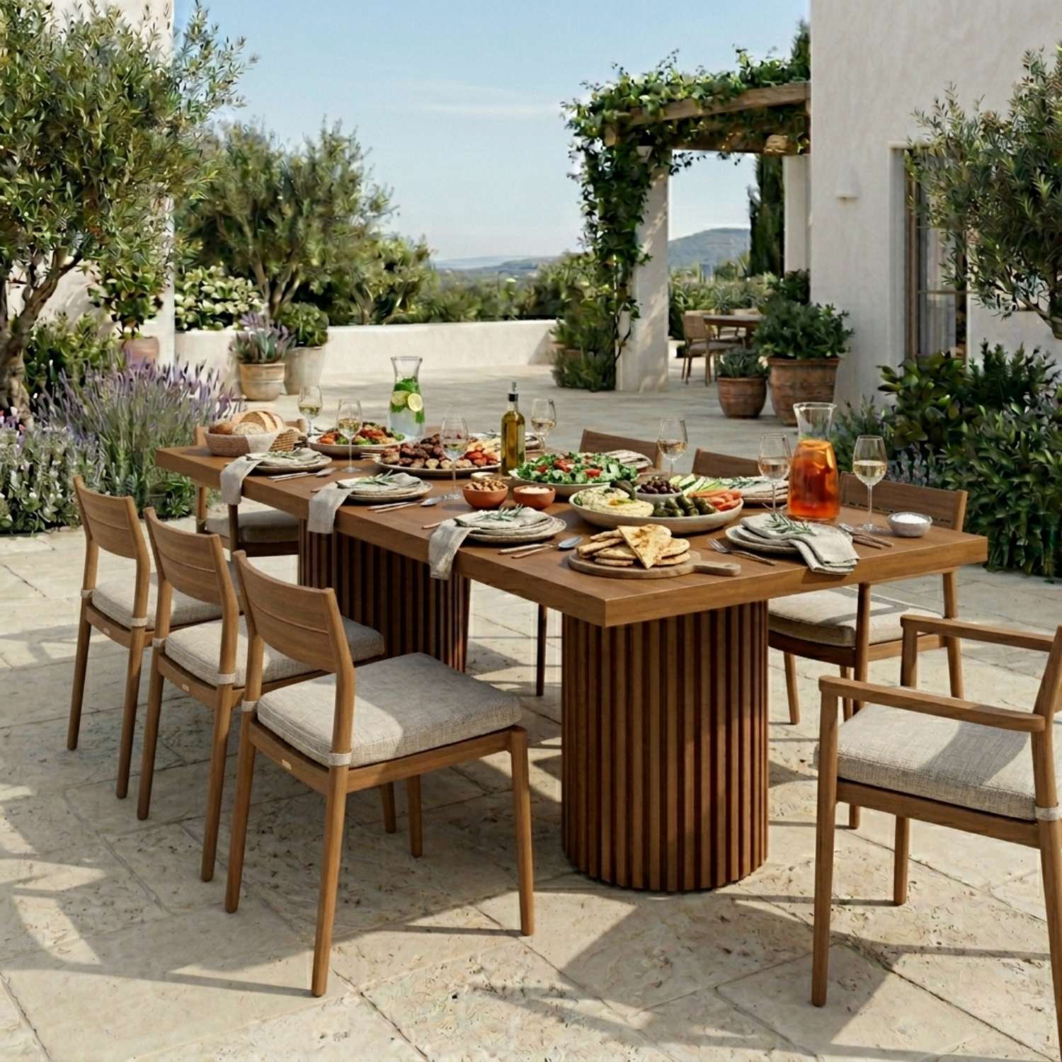 Rectangular Solid Wood Outdoor Dining Table with Fluted Pedestal Base