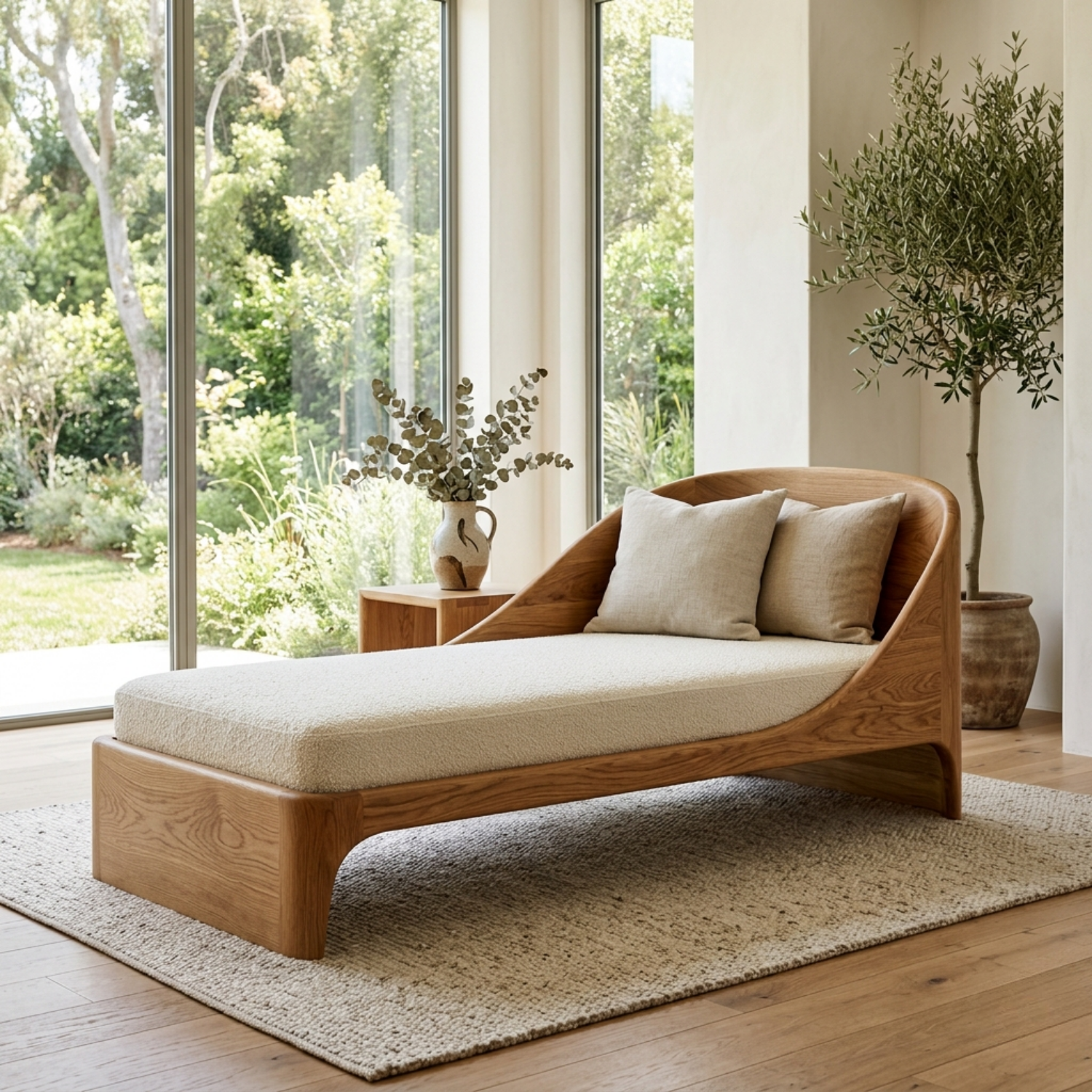 Curved Solid Wood Daybed with Sculpted Backrest – Modern Wooden Lounge Chaise