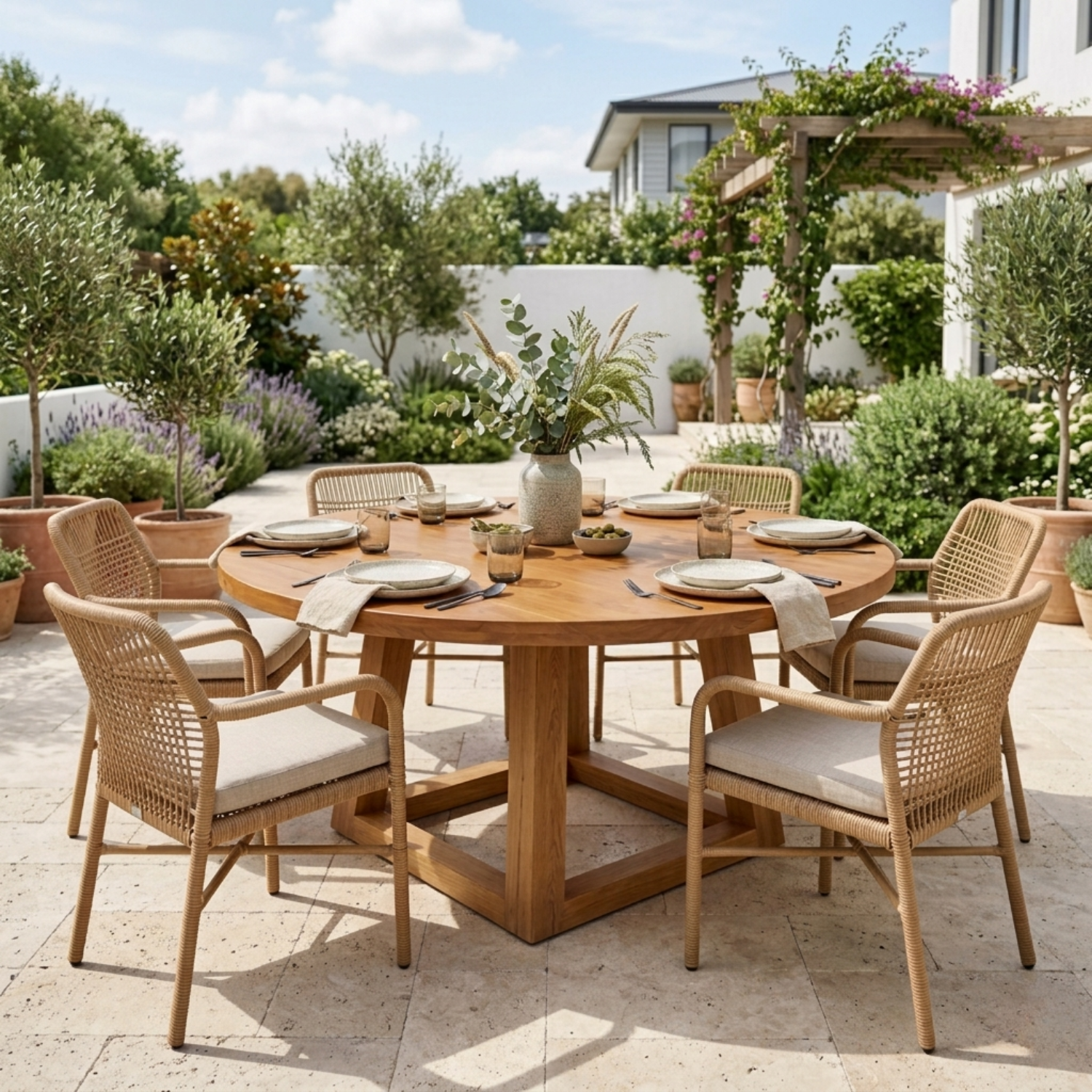 Round Solid Wood Outdoor Dining Table with Geometric Cross Pedestal Base