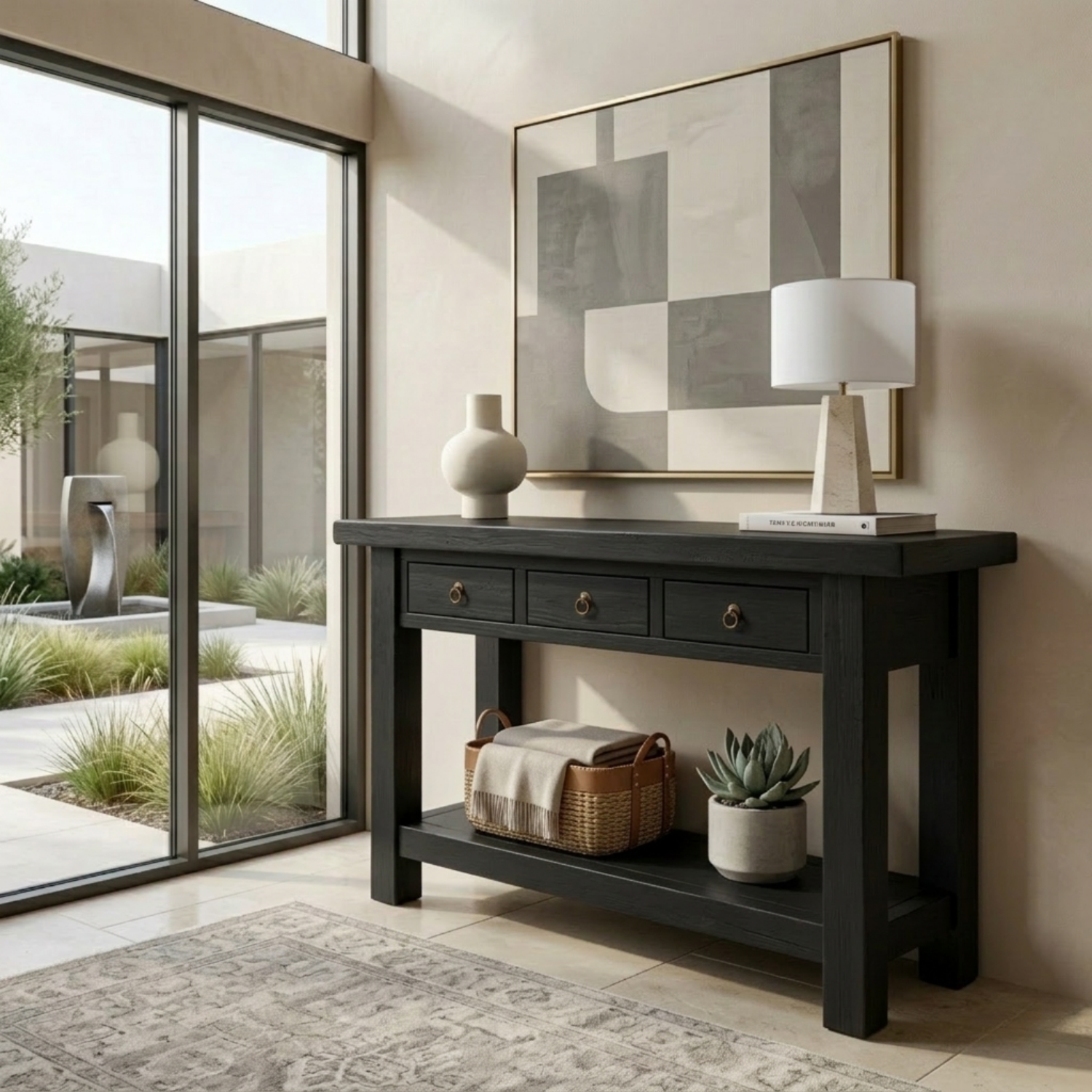 Solid Wood Console Table with Drawers and Shelf – Rustic Farmhouse Entryway Table