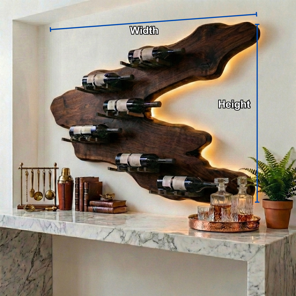 Handcrafted Solid Wood Wall Wine Holder – Live Edge Backlit Sculptural Wine Rack