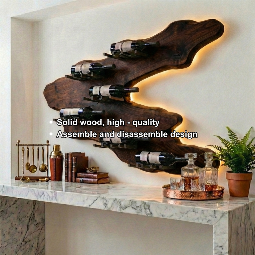 Handcrafted Solid Wood Wall Wine Holder – Live Edge Backlit Sculptural Wine Rack