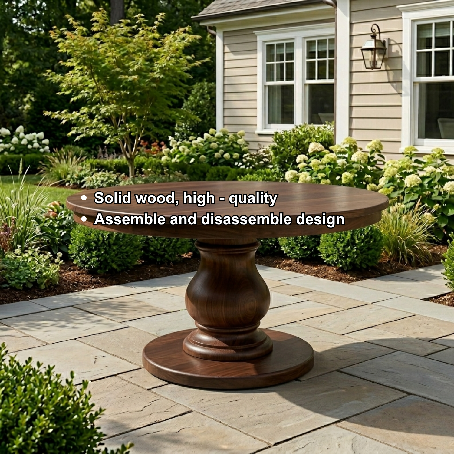 Round Solid Wood Outdoor Dining Table with Classic Turned Pedestal Base