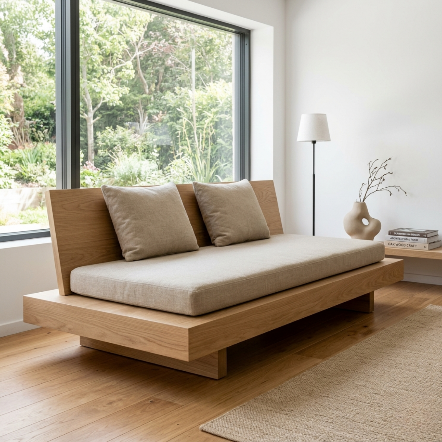 Minimalist Solid Wood Daybed with Platform Base and Angled Backrest – Modern Lounge Sofa