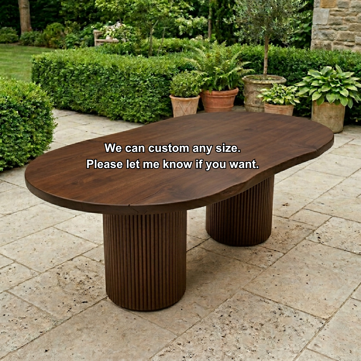 Solid Wood Outdoor Dining Table Oval Sculptural Base Modern Patio Garden Table