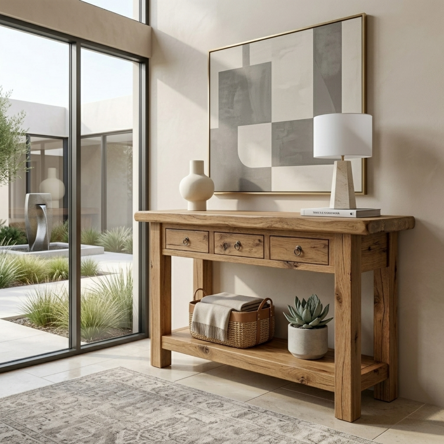 Solid Wood Console Table with Drawers and Shelf – Rustic Farmhouse Entryway Table