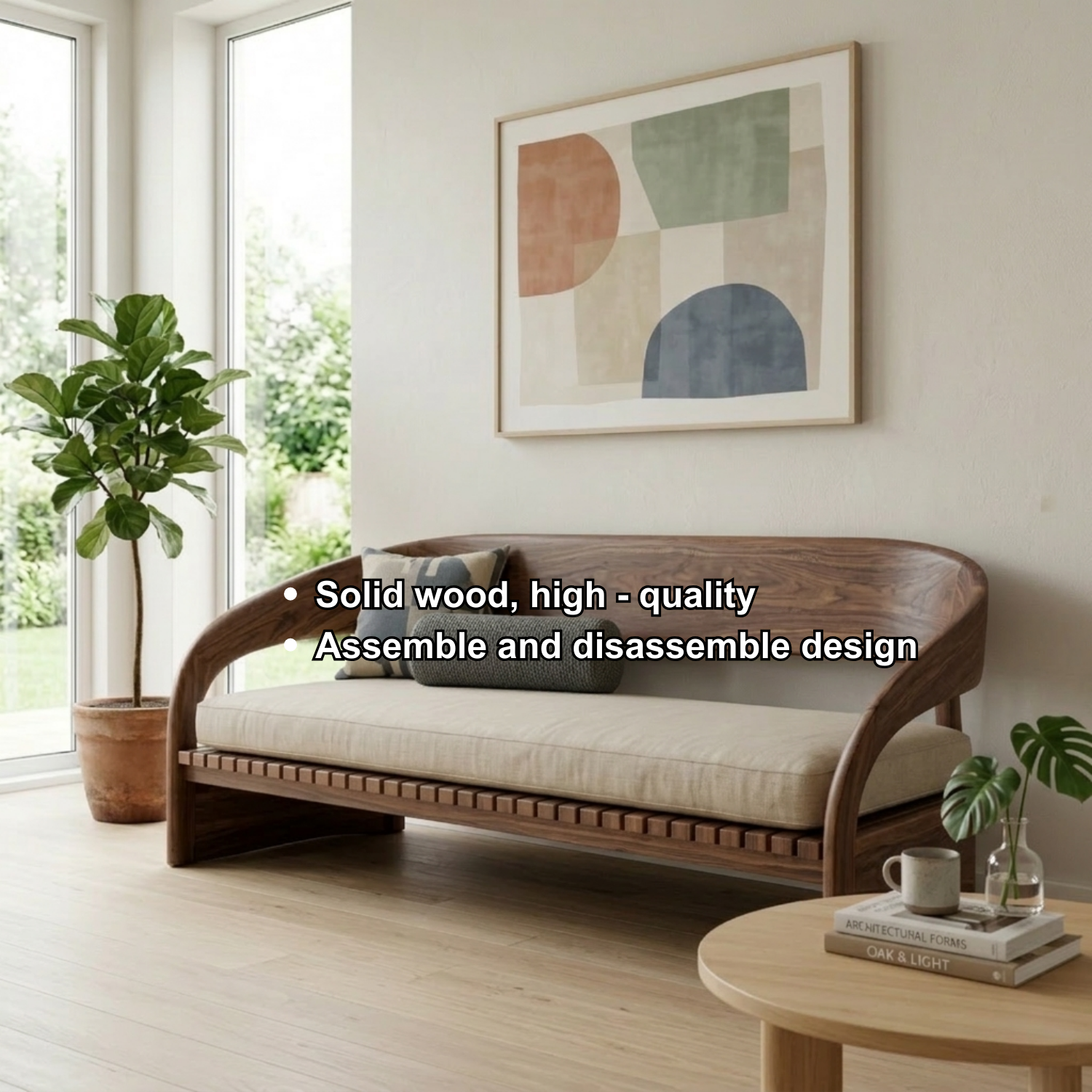 Modern Solid Wood Daybed with Curved Backrest and Upholstered Seat