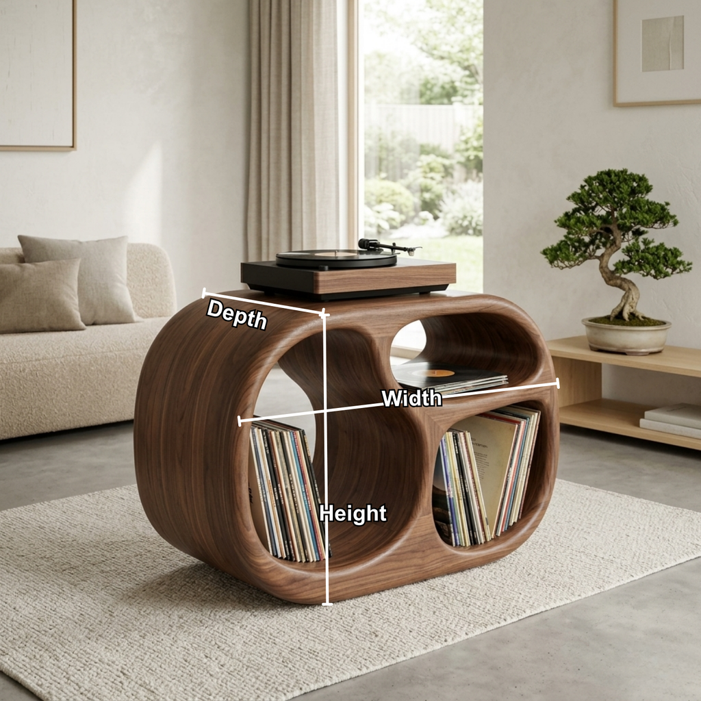 Sculpted Barrel Solid Wood Record Player Stand with Dual Vinyl Storage