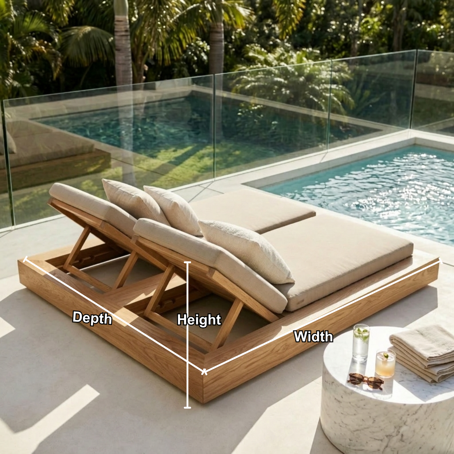 Solid Wood Double Chaise Lounge with Adjustable Backrest for Poolside Relaxation