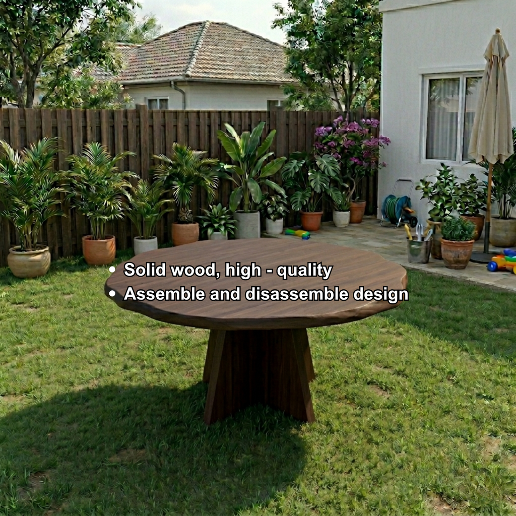 Round Live Edge Solid Wood Outdoor Dining Table with Sculptural Cross Pedestal Base
