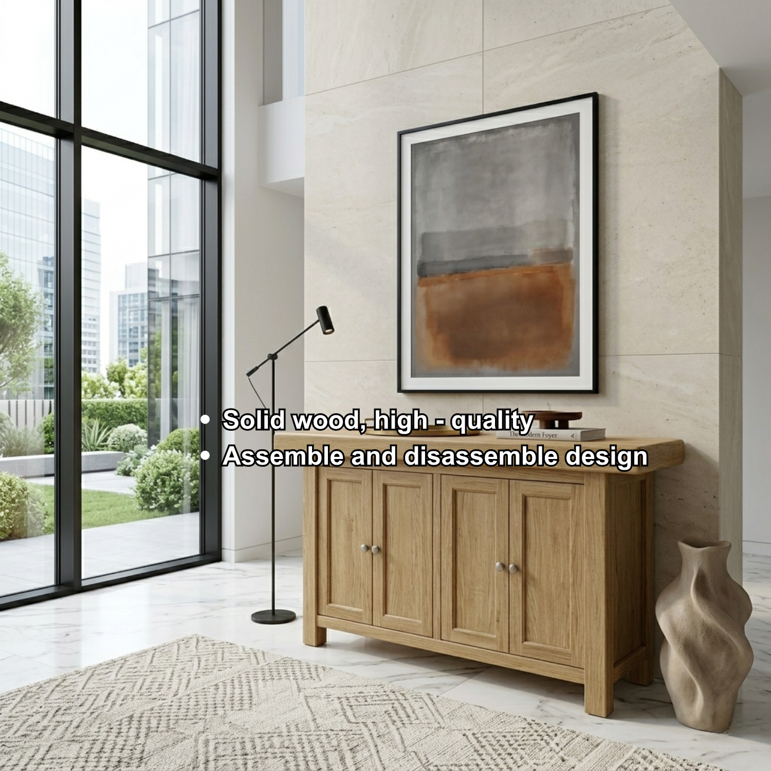 Solid Wood Console Table with Cabinet Doors – Modern Entryway Storage Sideboard