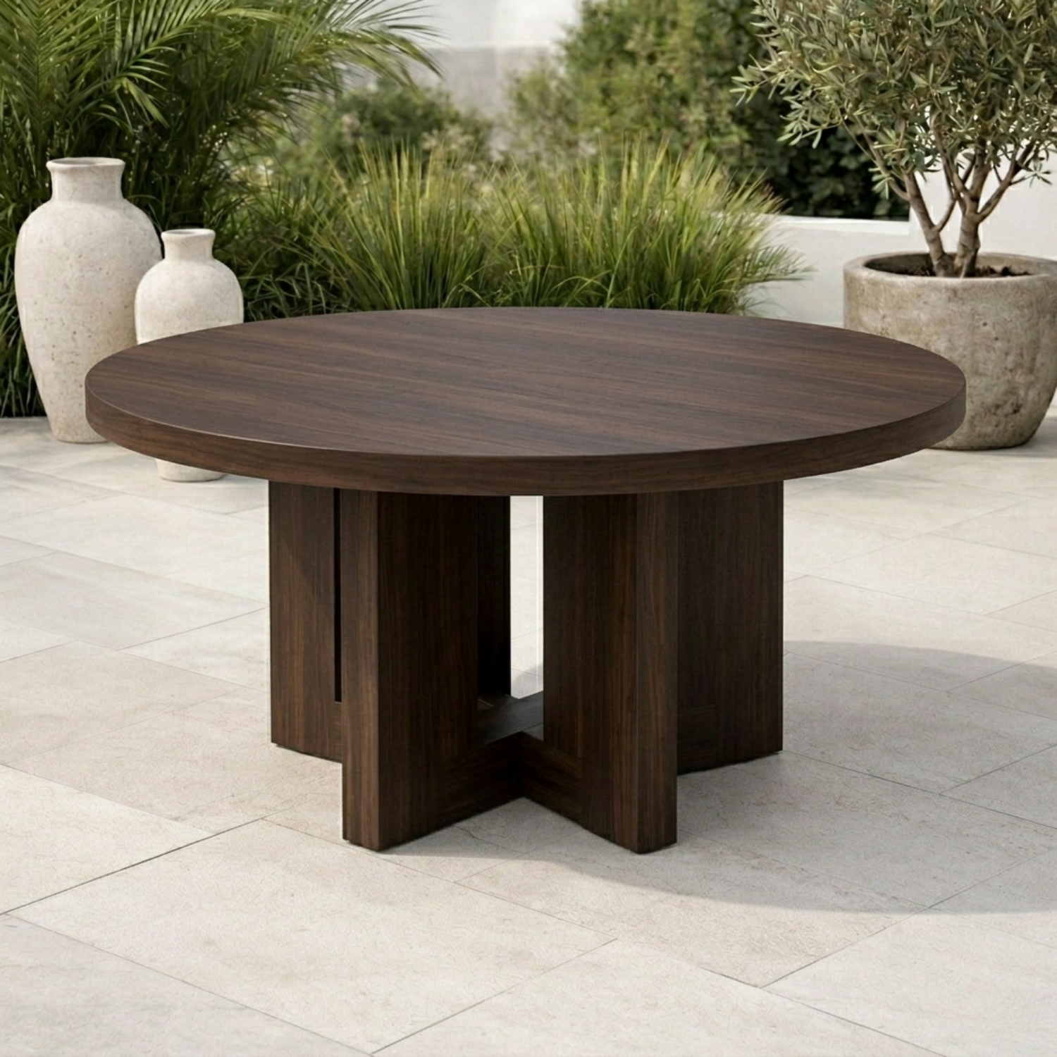 Round Solid Wood Outdoor Dining Table with Architectural Pedestal Base