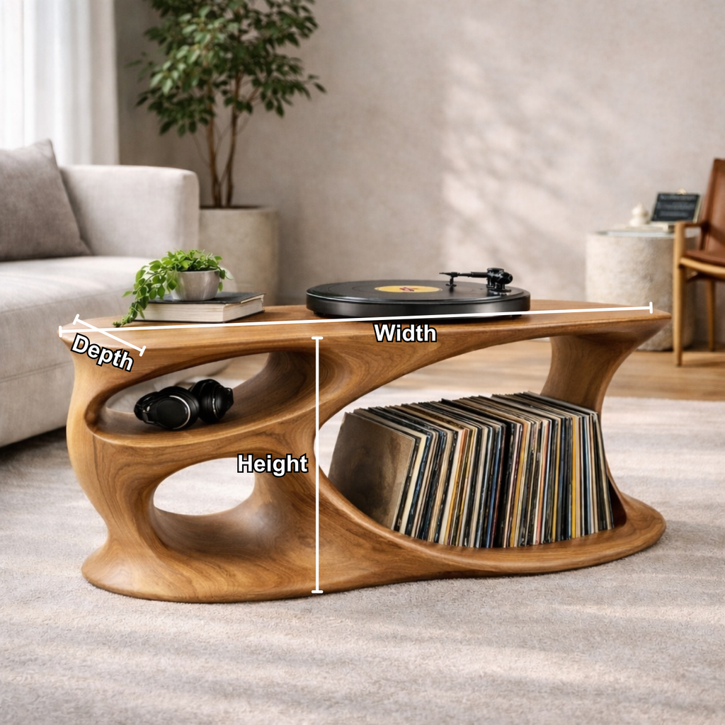 Solid Wood Record Player Stand with Organic Curved Base and Vinyl Record Storage