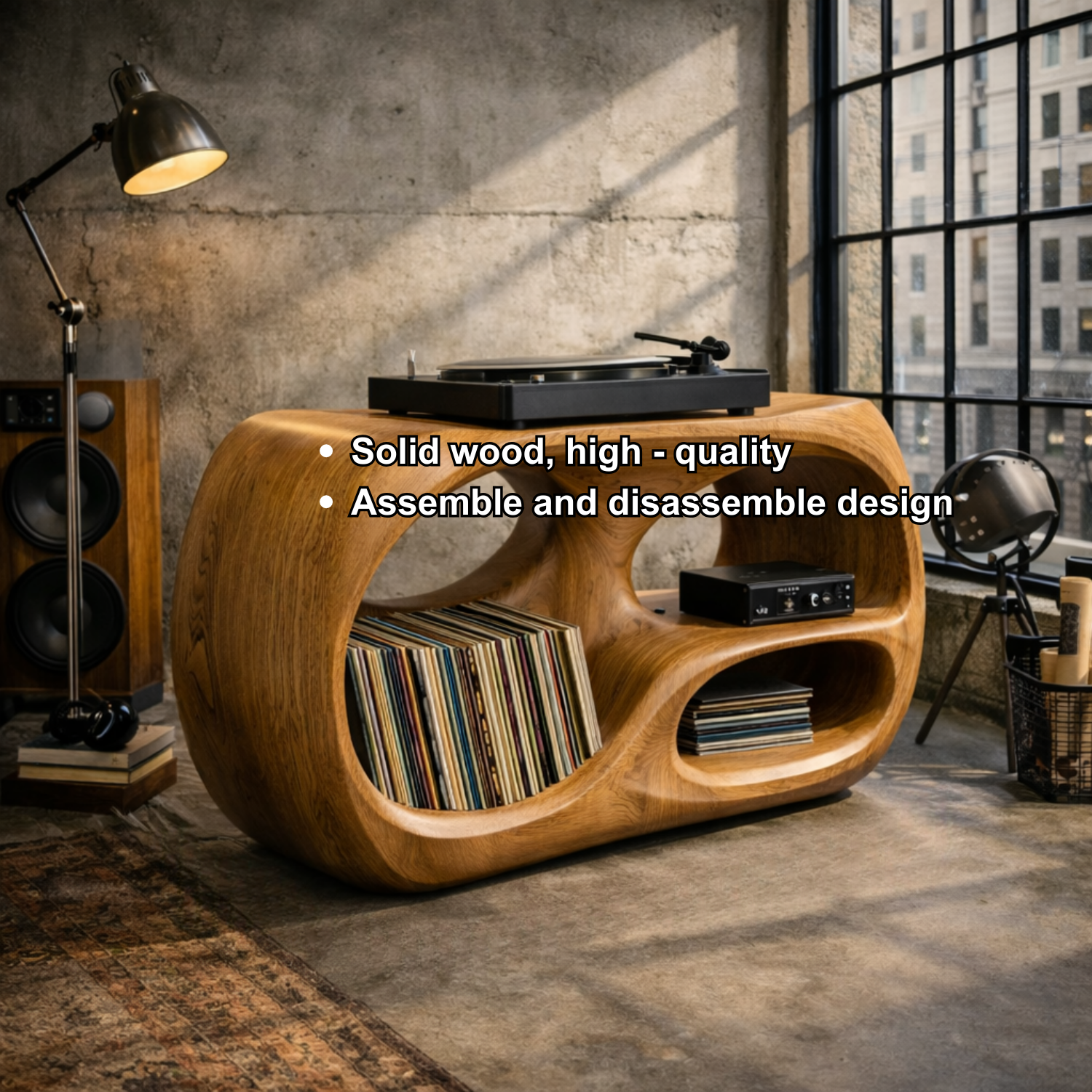 Organic Curve Solid Wood Record Player Stand with Built-In Vinyl Storage