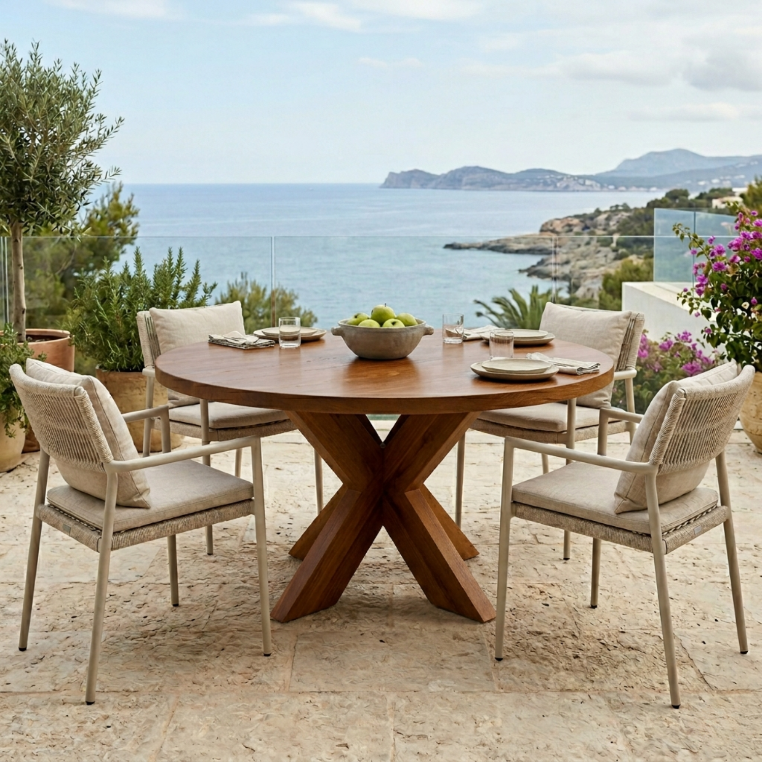 Round Solid Wood Outdoor Dining Table with Sculptural X Pedestal Base