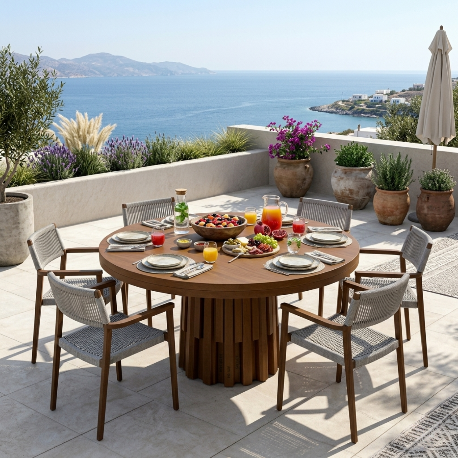 Round Solid Wood Outdoor Dining Table with Fluted Sculptural Pedestal Base