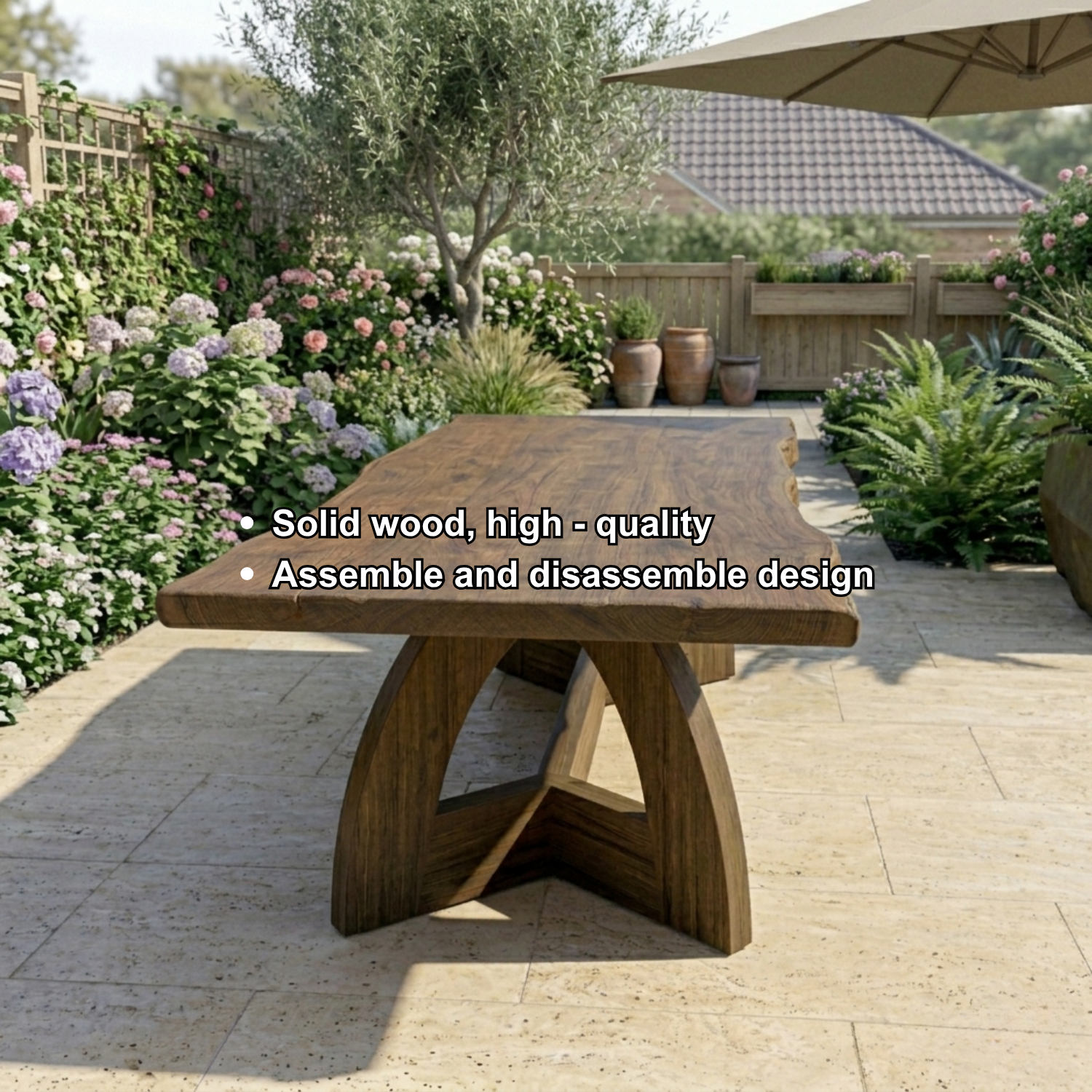 Live Edge Solid Wood Outdoor Dining Table with Sculptural Arch Pedestal Base
