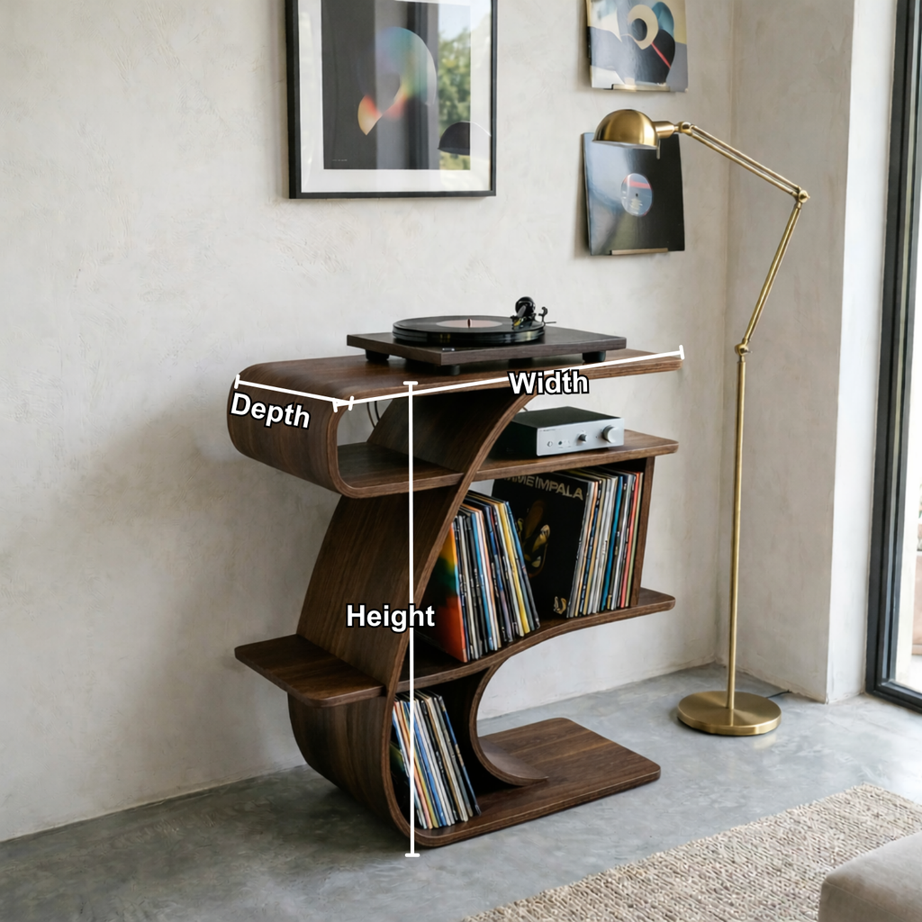 S-Curve Solid Wood Record Player Stand with Vinyl Storage Shelves